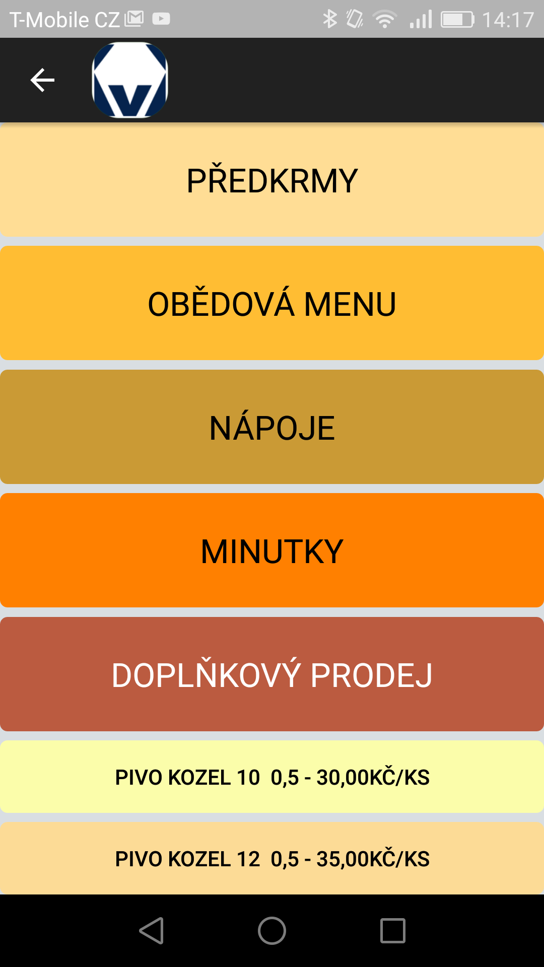 Menu , pokladna s menu, menu podniku, ceny, EET, pokladna